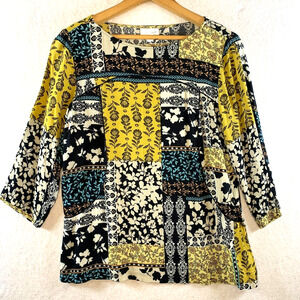J Jill Womens Patchwork Print Top Sz S‎ Boho Hippie Cord Detail Office Travel